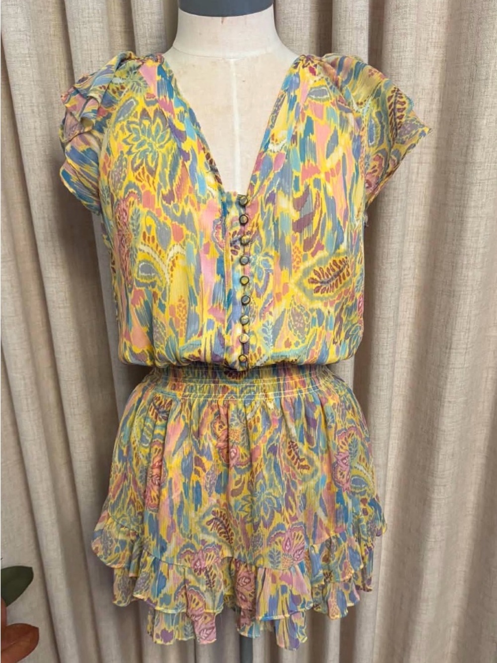 Ramy Brook Floral Print dress in Pastel Yellow and Blue